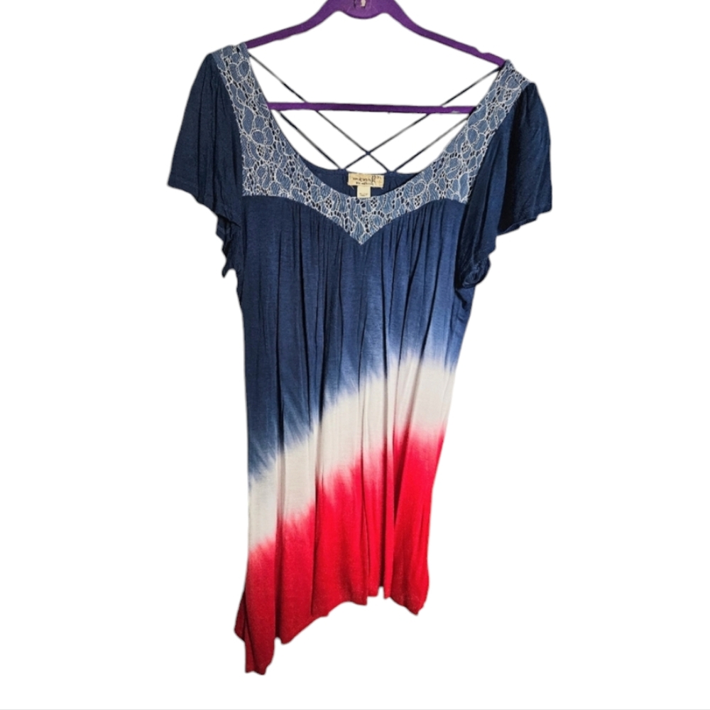 💥One World Patriotic Red White Blue Tie Dye Tunic Blouse XL